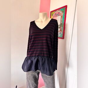 DKNY Black and Red Striped V-Neck Top